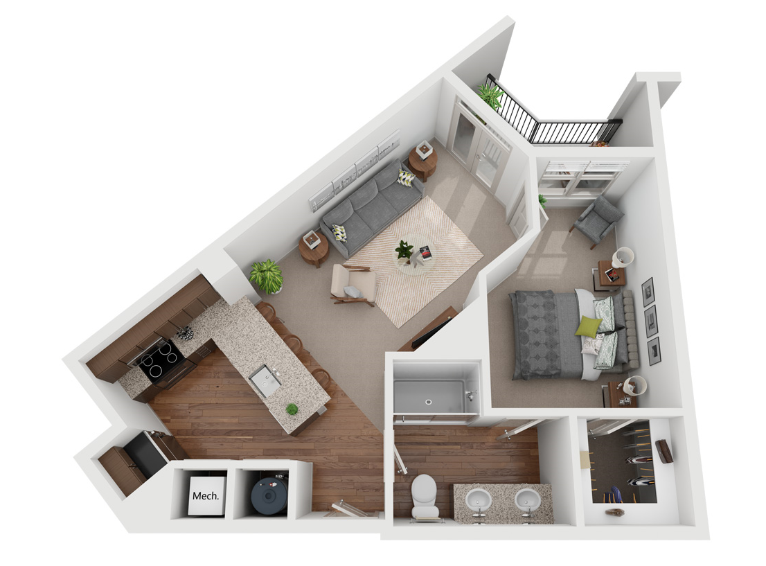 Floor plan for 1 bed, 1 bath, 710 sqft